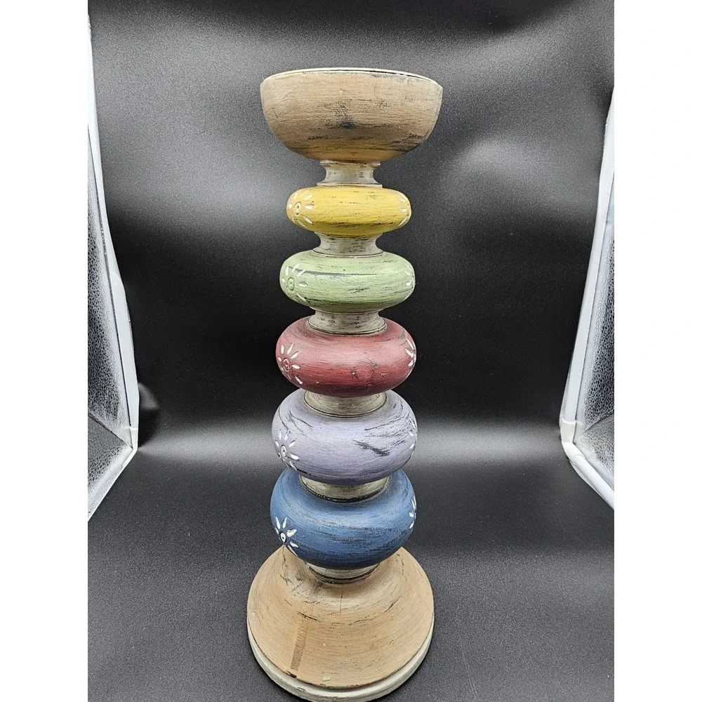 Pier 1 Tall Wooden Pillar Candlestick Rainbow Colors